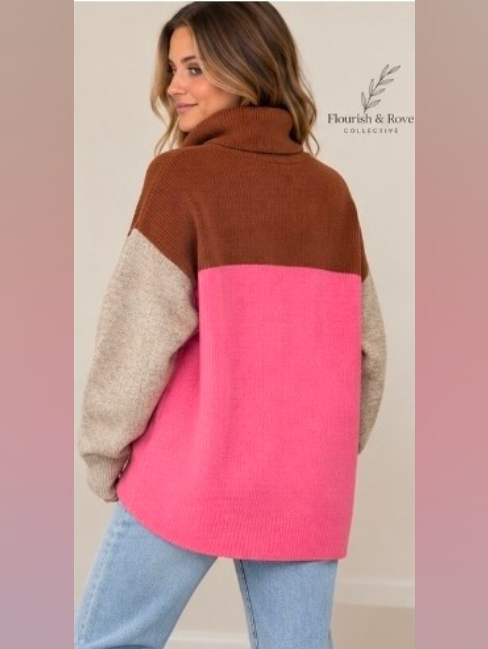 Free People Oversized Colorblock Turtleneck Sweater Pink Brown Size Small - Picture 3 of 11